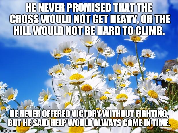 spring daisy flowers | HE NEVER PROMISED THAT THE CROSS WOULD NOT GET HEAVY, OR THE HILL WOULD NOT BE HARD TO CLIMB. HE NEVER OFFERED VICTORY WITHOUT FIGHTING, BUT HE SAID HELP WOULD ALWAYS COME IN TIME. | image tagged in spring daisy flowers | made w/ Imgflip meme maker