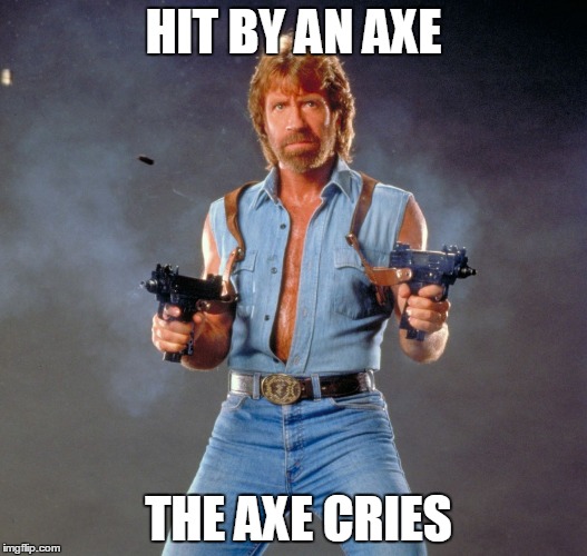 Chuck Norris Guns Meme | HIT BY AN AXE; THE AXE CRIES | image tagged in memes,chuck norris guns,chuck norris | made w/ Imgflip meme maker