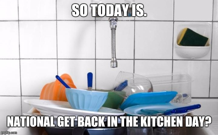 Dishes  | SO TODAY IS. NATIONAL GET BACK IN THE KITCHEN DAY? | image tagged in dishes | made w/ Imgflip meme maker