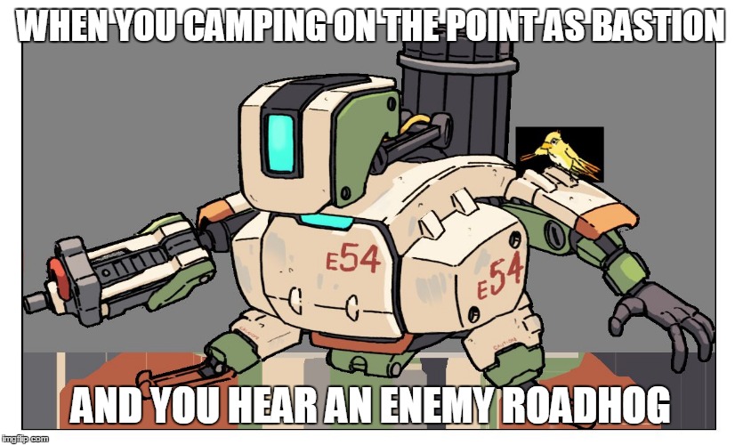 Overwatch |  WHEN YOU CAMPING ON THE POINT AS BASTION; AND YOU HEAR AN ENEMY ROADHOG | image tagged in overwatch | made w/ Imgflip meme maker