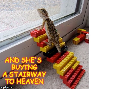 Lego Stairway to heaven | AND SHE'S BUYING A STAIRWAY TO HEAVEN | image tagged in lego,lizard,stairway,heaven | made w/ Imgflip meme maker