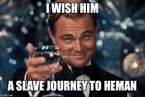 Leonardo Dicaprio Cheers Meme | I WISH HIM A SLAVE JOURNEY TO HEMAN | image tagged in memes,leonardo dicaprio cheers | made w/ Imgflip meme maker