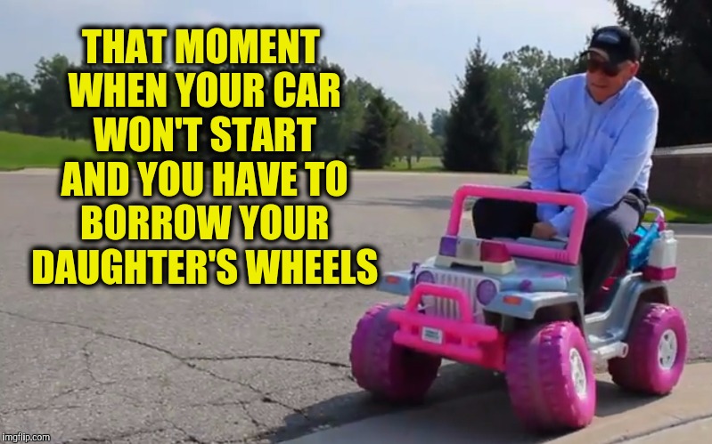 If she pulled the seat forward any further, shed be sitting in front of the wheel | THAT MOMENT WHEN YOUR CAR WON'T START AND YOU HAVE TO BORROW YOUR DAUGHTER'S WHEELS | image tagged in strange cars,cuz cars,daughters | made w/ Imgflip meme maker