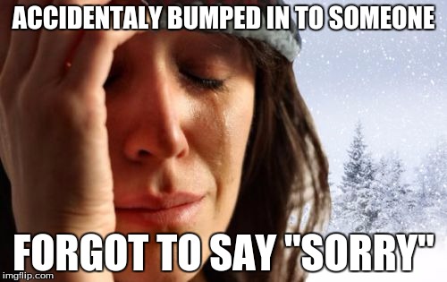 1st World Canadian Problems Meme | ACCIDENTALY BUMPED IN TO SOMEONE; FORGOT TO SAY "SORRY" | image tagged in memes,1st world canadian problems | made w/ Imgflip meme maker