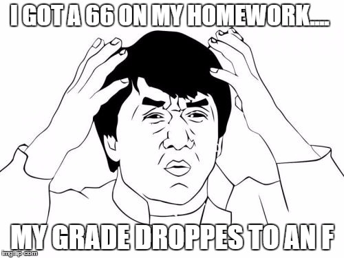 Jackie Chan WTF Meme | I GOT A 66 ON MY HOMEWORK.... MY GRADE DROPPES TO AN F | image tagged in memes,jackie chan wtf | made w/ Imgflip meme maker