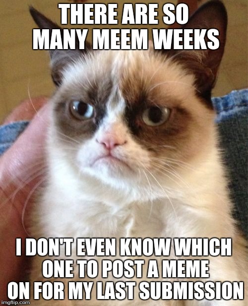 Grumpy Cat Meme | THERE ARE SO MANY MEEM WEEKS I DON'T EVEN KNOW WHICH ONE TO POST A MEME ON FOR MY LAST SUBMISSION | image tagged in memes,grumpy cat | made w/ Imgflip meme maker