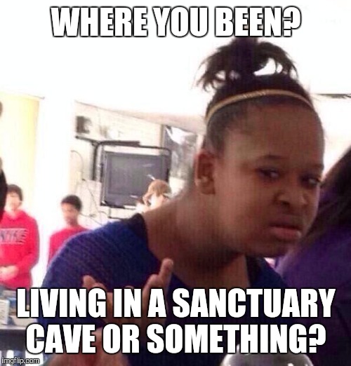 Black Girl Wat Meme | WHERE YOU BEEN? LIVING IN A SANCTUARY CAVE OR SOMETHING? | image tagged in memes,black girl wat | made w/ Imgflip meme maker