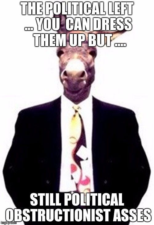 Political Donkey | THE POLITICAL LEFT ... YOU  CAN DRESS  THEM UP BUT .... STILL POLITICAL OBSTRUCTIONIST ASSES | image tagged in political donkey | made w/ Imgflip meme maker