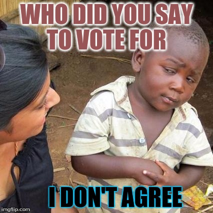 Third World Skeptical Kid | WHO DID YOU SAY TO VOTE FOR; I DON'T AGREE | image tagged in memes,third world skeptical kid | made w/ Imgflip meme maker