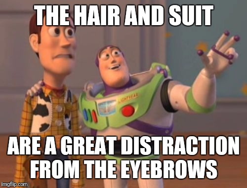 X, X Everywhere Meme | THE HAIR AND SUIT ARE A GREAT DISTRACTION FROM THE EYEBROWS | image tagged in memes,x x everywhere | made w/ Imgflip meme maker