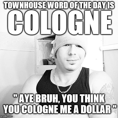 Bruh talk | TOWNHOUSE WORD OF THE DAY IS; COLOGNE; " AYE BRUH, YOU THINK YOU COLOGNE ME A DOLLAR " | image tagged in cologne | made w/ Imgflip meme maker