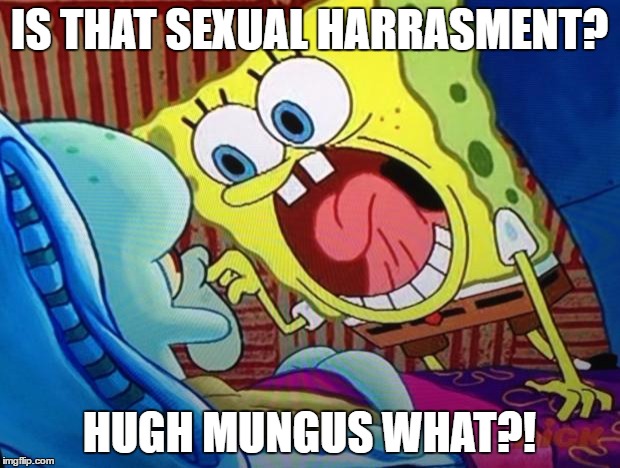 Spongebob | IS THAT SEXUAL HARRASMENT? HUGH MUNGUS WHAT?! | image tagged in spongebob | made w/ Imgflip meme maker