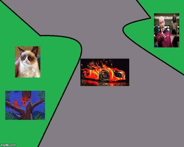 Meme Street | image tagged in meme street,picard wtf,grumpy cat,spiderman tree,fire car | made w/ Imgflip meme maker