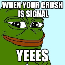 pepe happy | WHEN YOUR CRUSH IS SIGNAL; YEEES | image tagged in pepe happy | made w/ Imgflip meme maker