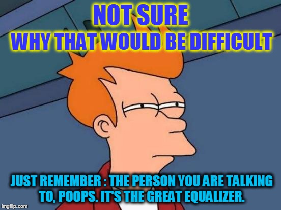 Futurama Fry Meme | NOT SURE JUST REMEMBER : THE PERSON YOU ARE TALKING TO, POOPS. IT'S THE GREAT EQUALIZER. WHY THAT WOULD BE DIFFICULT | image tagged in memes,futurama fry | made w/ Imgflip meme maker