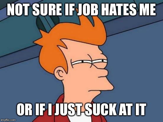 Futurama Fry Meme | NOT SURE IF JOB HATES ME; OR IF I JUST SUCK AT IT | image tagged in memes,futurama fry | made w/ Imgflip meme maker