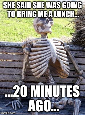 Waiting Skeleton Meme | SHE SAID SHE WAS GOING TO BRING ME A LUNCH... ...20 MINUTES AGO... | image tagged in memes,waiting skeleton | made w/ Imgflip meme maker