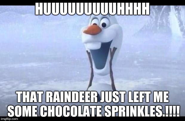 Olaf | HUUUUUUUUUHHHH; THAT RAINDEER JUST LEFT ME SOME CHOCOLATE SPRINKLES.!!!! | image tagged in olaf | made w/ Imgflip meme maker