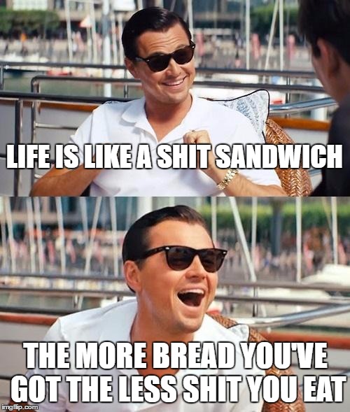 Leonardo Dicaprio Wolf Of Wall Street | LIFE IS LIKE A SHIT SANDWICH; THE MORE BREAD YOU'VE GOT THE LESS SHIT YOU EAT | image tagged in memes,leonardo dicaprio wolf of wall street | made w/ Imgflip meme maker