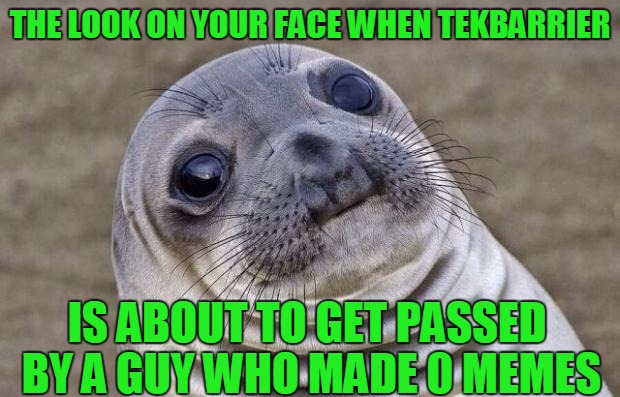 Awkward Moment Sealion | THE LOOK ON YOUR FACE WHEN TEKBARRIER; IS ABOUT TO GET PASSED BY A GUY WHO MADE 0 MEMES | image tagged in memes,awkward moment sealion | made w/ Imgflip meme maker