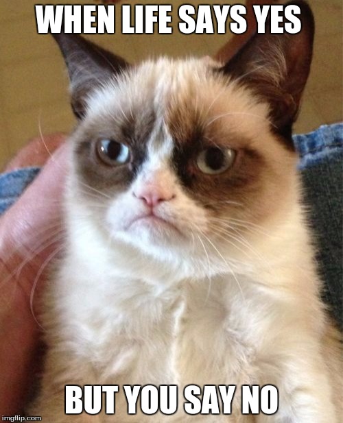 Grumpy Cat Meme | WHEN LIFE SAYS YES; BUT YOU SAY NO | image tagged in memes,grumpy cat | made w/ Imgflip meme maker