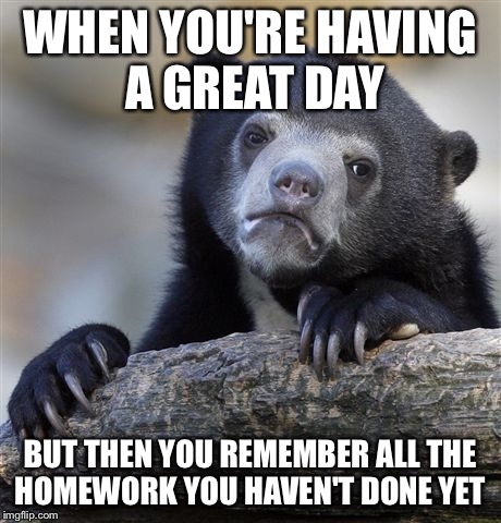 Confession Bear | WHEN YOU'RE HAVING A GREAT DAY; BUT THEN YOU REMEMBER ALL THE HOMEWORK YOU HAVEN'T DONE YET | image tagged in memes,confession bear | made w/ Imgflip meme maker