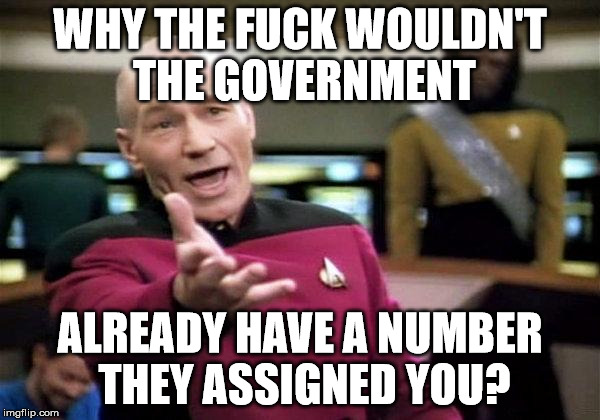 picard wtf | WHY THE FUCK WOULDN'T THE GOVERNMENT; ALREADY HAVE A NUMBER THEY ASSIGNED YOU? | image tagged in picard wtf | made w/ Imgflip meme maker