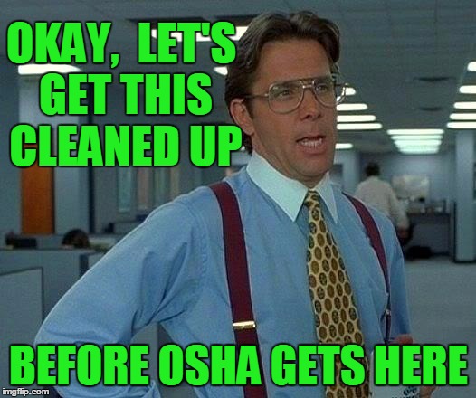 That Would Be Great Meme | OKAY,  LET'S GET THIS CLEANED UP BEFORE OSHA GETS HERE | image tagged in memes,that would be great | made w/ Imgflip meme maker