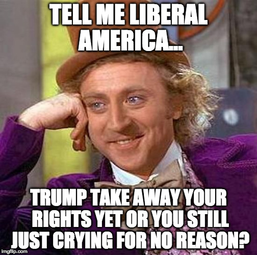 Crying over spilt milk that hasn't spilled.  | TELL ME LIBERAL AMERICA... TRUMP TAKE AWAY YOUR RIGHTS YET OR YOU STILL JUST CRYING FOR NO REASON? | image tagged in memes,creepy condescending wonka,donald trump,liberal,america,bacon | made w/ Imgflip meme maker