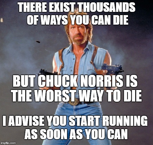 Chuck Norris Guns | THERE EXIST THOUSANDS OF WAYS YOU CAN DIE; BUT CHUCK NORRIS IS THE WORST WAY TO DIE; I ADVISE YOU START RUNNING AS SOON AS YOU CAN | image tagged in memes,chuck norris guns,chuck norris | made w/ Imgflip meme maker