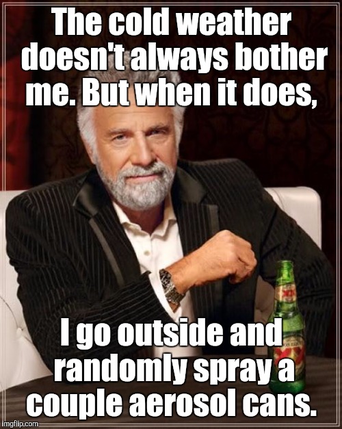 The Most Interesting Man In The World Meme | The cold weather doesn't always bother me. But when it does, I go outside and randomly spray a couple aerosol cans. | image tagged in memes,the most interesting man in the world | made w/ Imgflip meme maker