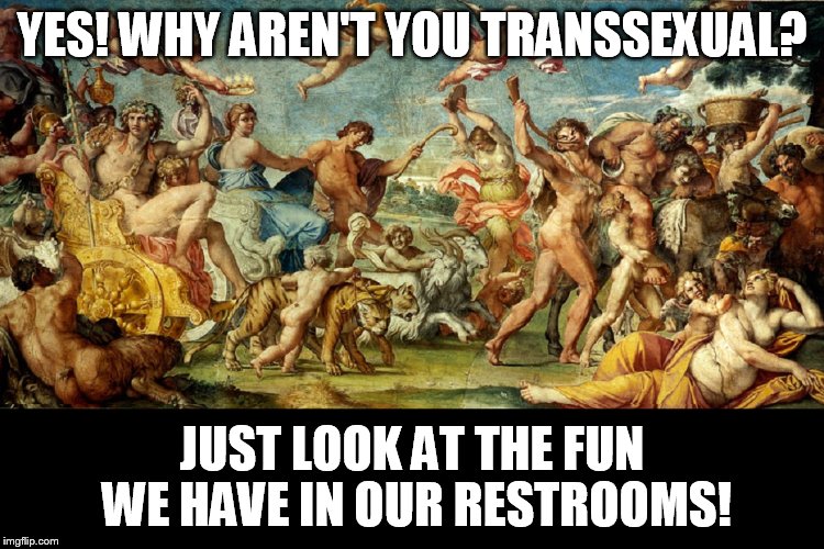 YES! WHY AREN'T YOU TRANSSEXUAL? JUST LOOK AT THE FUN WE HAVE IN OUR RESTROOMS! | made w/ Imgflip meme maker