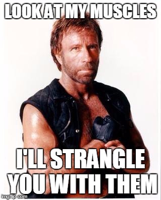Chuck Norris Flex Meme | LOOK AT MY MUSCLES; I'LL STRANGLE YOU WITH THEM | image tagged in memes,chuck norris flex,chuck norris | made w/ Imgflip meme maker