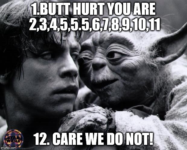 Yoda & Luke | 1.BUTT HURT YOU ARE 2,3,4,5,5.5,6,7,8,9,10,11; 12. CARE WE DO NOT! | image tagged in yoda  luke | made w/ Imgflip meme maker