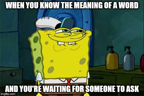Don't You Squidward | WHEN YOU KNOW THE MEANING OF A WORD; AND YOU'RE WAITING FOR SOMEONE TO ASK | image tagged in memes,dont you squidward | made w/ Imgflip meme maker