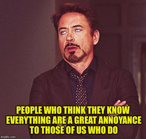 Robert Downey Jr Annoyed | PEOPLE WHO THINK THEY KNOW EVERYTHING
ARE A GREAT ANNOYANCE TO THOSE OF US WHO DO | image tagged in robert downey jr annoyed | made w/ Imgflip meme maker