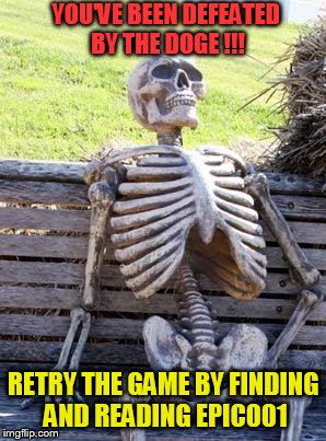 epic007 | YOU'VE BEEN DEFEATED BY THE DOGE !!! RETRY THE GAME BY FINDING AND READING EPIC001 | image tagged in memes,waiting skeleton,adventure game | made w/ Imgflip meme maker