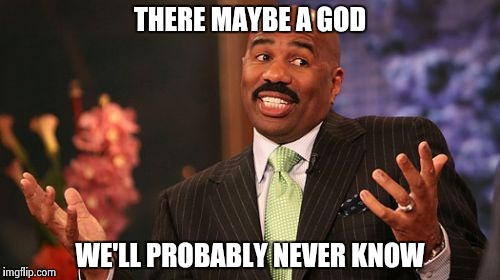 Steve Harvey Meme | THERE MAYBE A GOD WE'LL PROBABLY NEVER KNOW | image tagged in memes,steve harvey | made w/ Imgflip meme maker