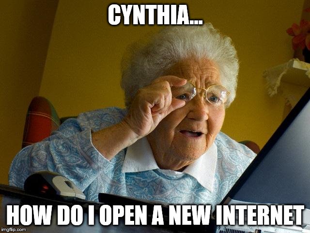 Grandma Finds The Internet | CYNTHIA... HOW DO I OPEN A NEW INTERNET | image tagged in memes,grandma finds the internet | made w/ Imgflip meme maker