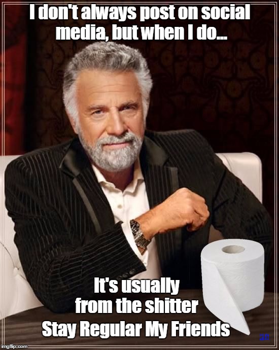 I don't always post on social media... | I don't always post on social media, but when I do... It's usually from the shitter; Stay Regular My Friends | image tagged in social media,the most interesting man in the world,bathroom | made w/ Imgflip meme maker