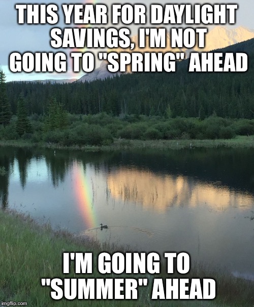 THIS YEAR FOR DAYLIGHT SAVINGS, I'M NOT GOING TO "SPRING" AHEAD; I'M GOING TO "SUMMER" AHEAD | image tagged in spring ahead | made w/ Imgflip meme maker