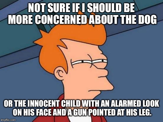 Futurama Fry Meme | NOT SURE IF I SHOULD BE MORE CONCERNED ABOUT THE DOG OR THE INNOCENT CHILD WITH AN ALARMED LOOK ON HIS FACE AND A GUN POINTED AT HIS LEG. | image tagged in memes,futurama fry | made w/ Imgflip meme maker