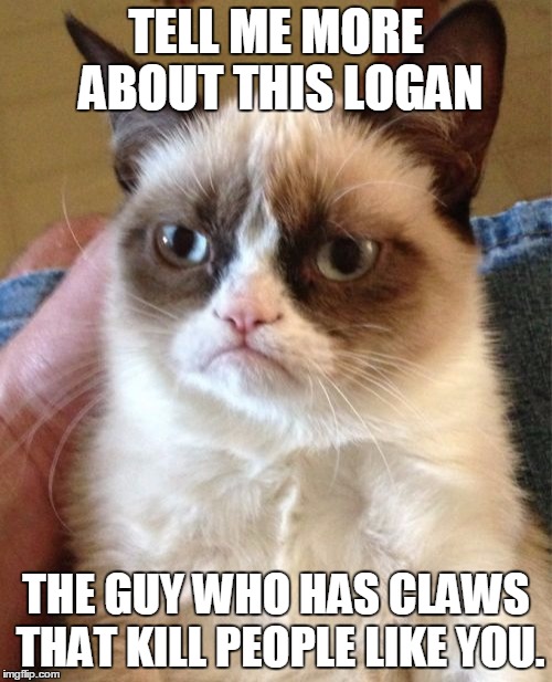 Grumpy Cat | TELL ME MORE ABOUT THIS LOGAN; THE GUY WHO HAS CLAWS THAT KILL PEOPLE LIKE YOU. | image tagged in memes,grumpy cat | made w/ Imgflip meme maker
