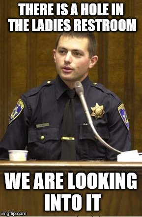 Police Officer Testifying | THERE IS A HOLE IN THE LADIES RESTROOM; WE ARE LOOKING INTO IT | image tagged in memes,police officer testifying | made w/ Imgflip meme maker