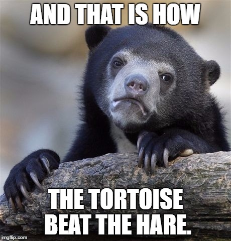 Confession Bear Meme | AND THAT IS HOW THE TORTOISE BEAT THE HARE. | image tagged in memes,confession bear | made w/ Imgflip meme maker