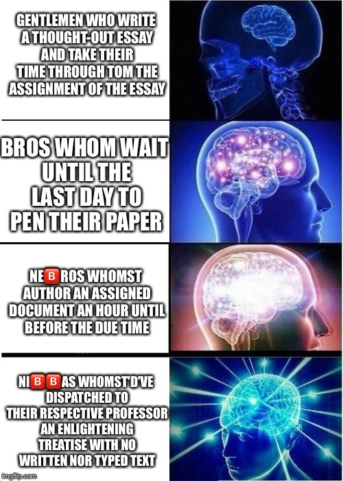 Expanding Brain Meme | GENTLEMEN WHO WRITE A THOUGHT-OUT ESSAY AND TAKE THEIR TIME THROUGH TOM THE ASSIGNMENT OF THE ESSAY; BROS WHOM WAIT UNTIL THE LAST DAY TO PEN THEIR PAPER; NE🅱️ROS WHOMST AUTHOR AN ASSIGNED DOCUMENT AN HOUR UNTIL BEFORE THE DUE TIME; NI🅱️🅱️AS WHOMST'D'VE DISPATCHED TO THEIR RESPECTIVE PROFESSOR AN ENLIGHTENING TREATISE WITH NO WRITTEN NOR TYPED TEXT | image tagged in expanding brain | made w/ Imgflip meme maker