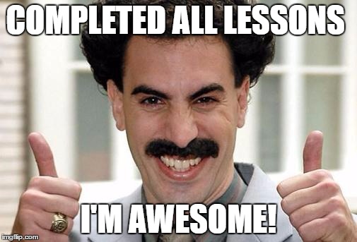 Great Success  | COMPLETED ALL LESSONS; I'M AWESOME! | image tagged in great success | made w/ Imgflip meme maker