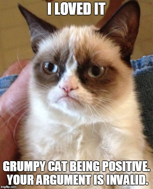 Grumpy Cat Meme | I LOVED IT GRUMPY CAT BEING POSITIVE. YOUR ARGUMENT IS INVALID. | image tagged in memes,grumpy cat | made w/ Imgflip meme maker