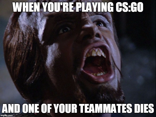 Klingon Death Roar | WHEN YOU'RE PLAYING CS:GO; AND ONE OF YOUR TEAMMATES DIES | image tagged in klingon death roar worf,csgo,counterstrike,video games | made w/ Imgflip meme maker