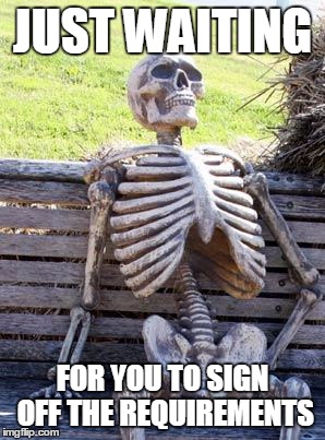 Software delivery hilarity #3 | JUST WAITING; FOR YOU TO SIGN OFF THE REQUIREMENTS | image tagged in memes,waiting skeleton,software,work,computers | made w/ Imgflip meme maker